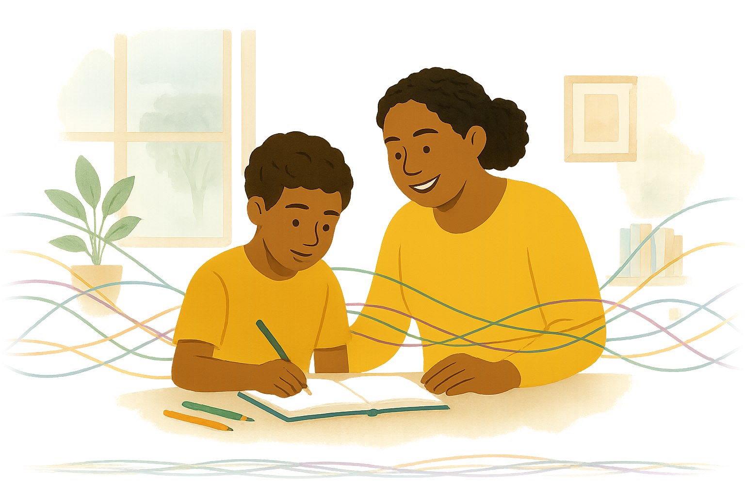 A parent helping their child write, side by side