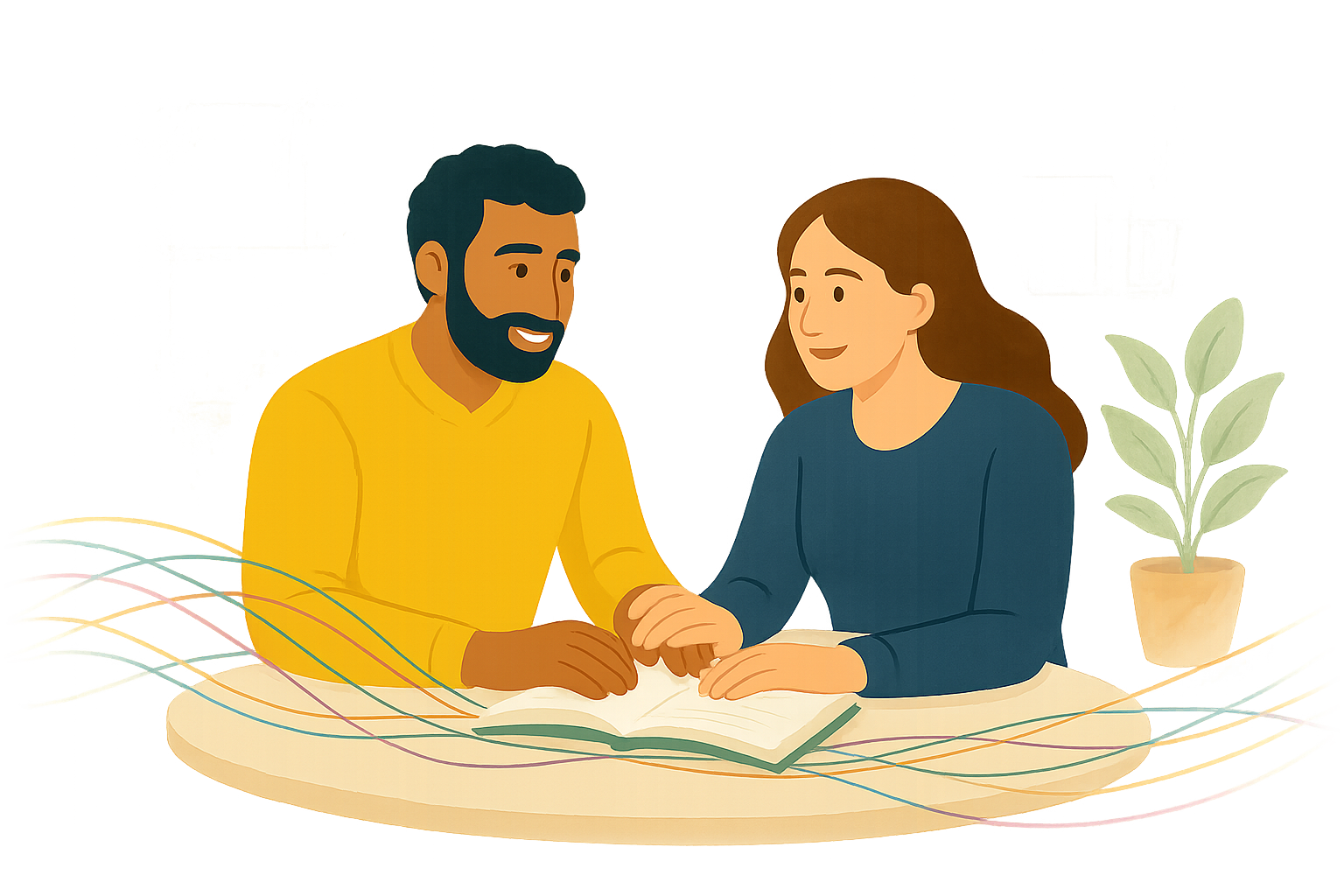 A couple reading together at the table