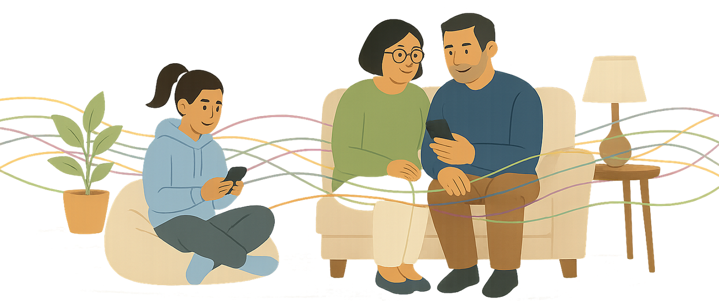 A family sitting together, each on their phone, connected by colorful woven threads